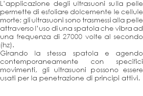 L’applicazione degli ultrasuoni sulla pelle permette di esfoliare dolcemente le cellule morte; gli ultrasuoni sono trasmessi alla pelle attraverso l’uso di una spatola che vibra ad una frequenza di 27000 volte al secondo (hz). Girando la stessa spatola e agendo contemporaneamente con specifici movimenti, gli ultrasuoni possono essere usati per la penetrazione di principi attivi. 